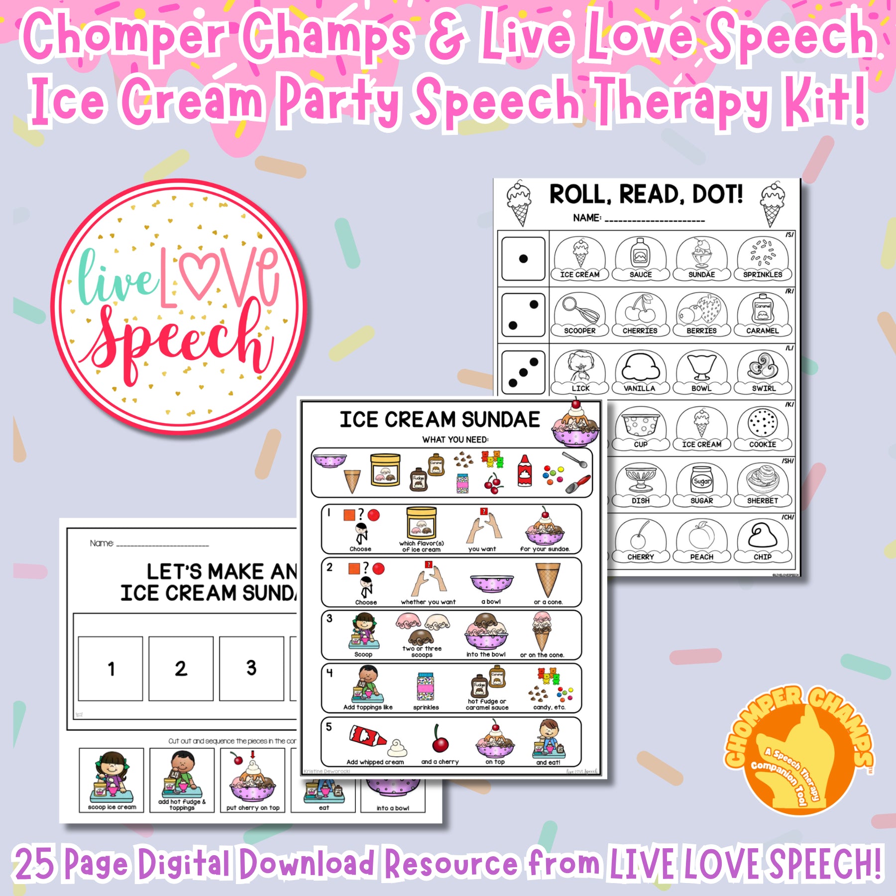 Ice Cream Party Speech Therapy Kit - A Live Love Speech & Chomper Champs Collab! **Accessory Kit Only**